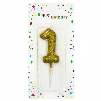 Купить Свеча-цифра в торт «1» золотая с глиттером 6 см оптом